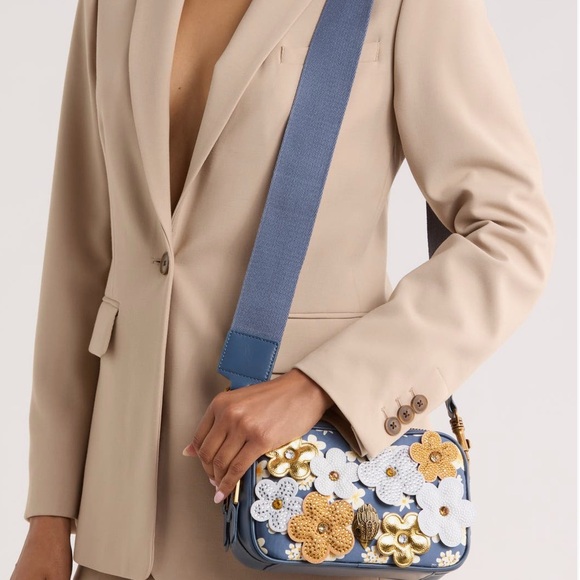 Kurt Geiger Blue Floral Appliqué Camera Bag with Gold & White Accents - Picture 2 of 6
